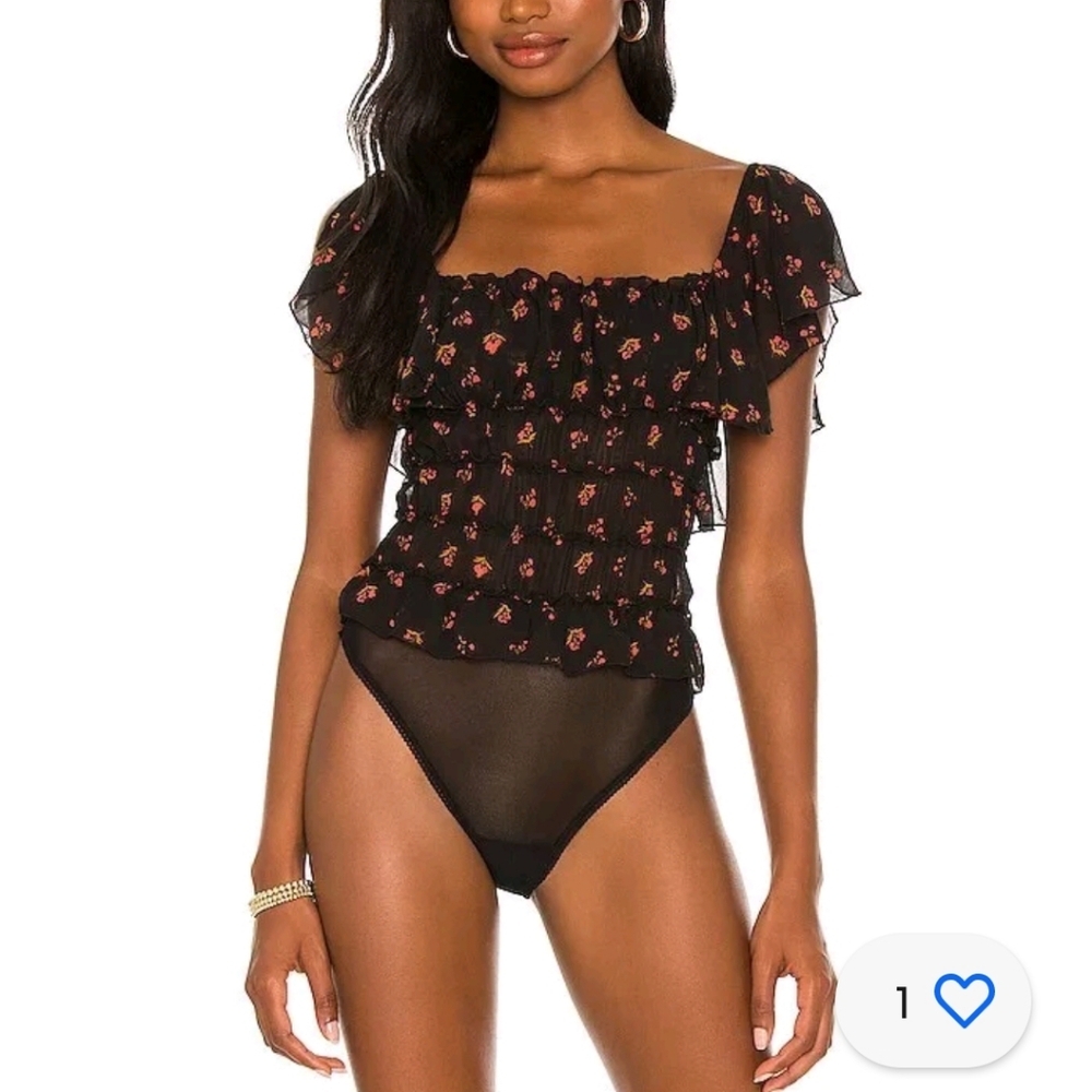 XS 🖤 FREE PEOPLE Black Floral Print Julie Ruched Square Neck Thong Bodysuit